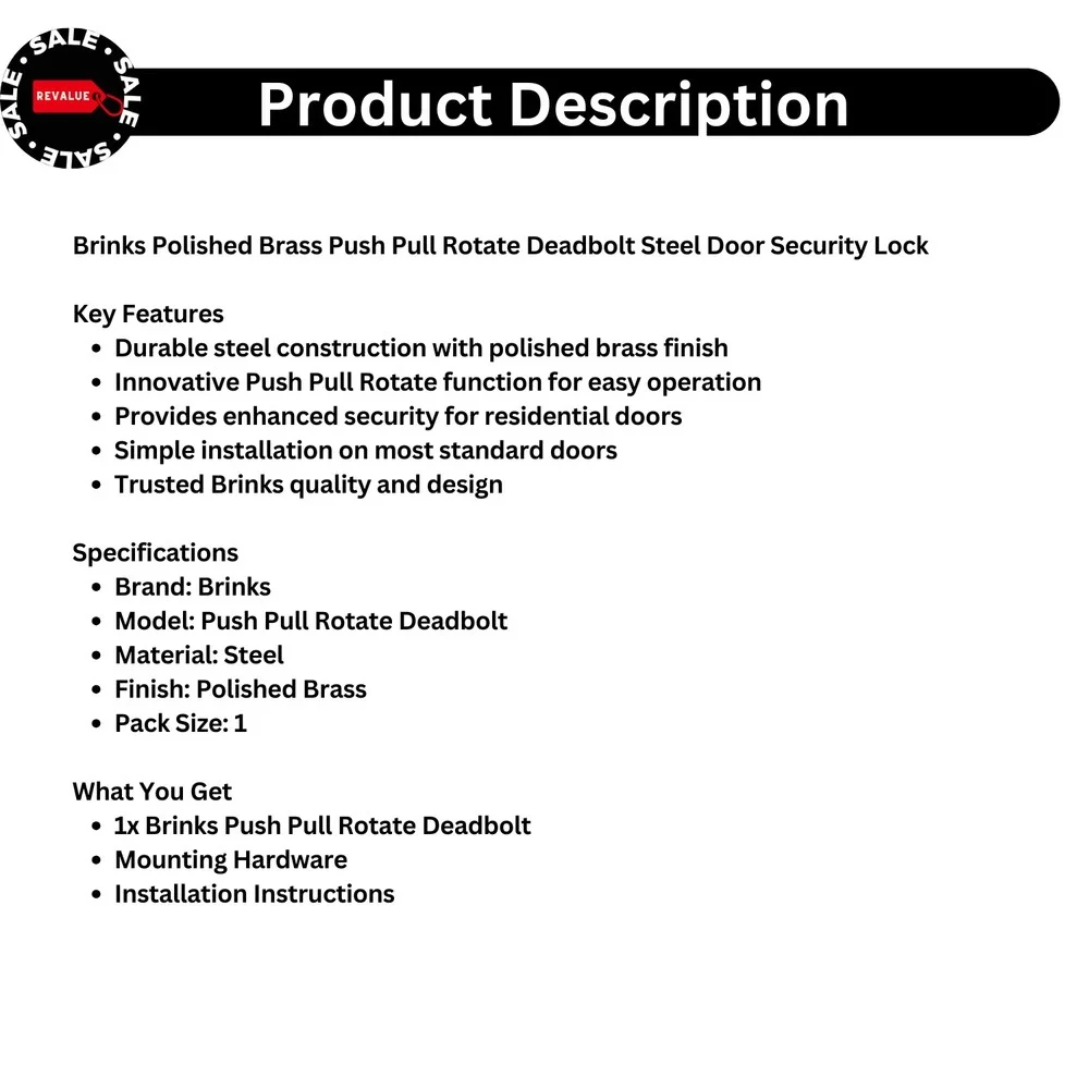 Brinks Polished Brass Push Pull Rotate Deadbolt‎ Steel Door Security Lock